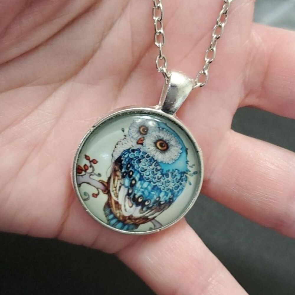 **Final Sale** Silver tone owl cabochon necklace 22"